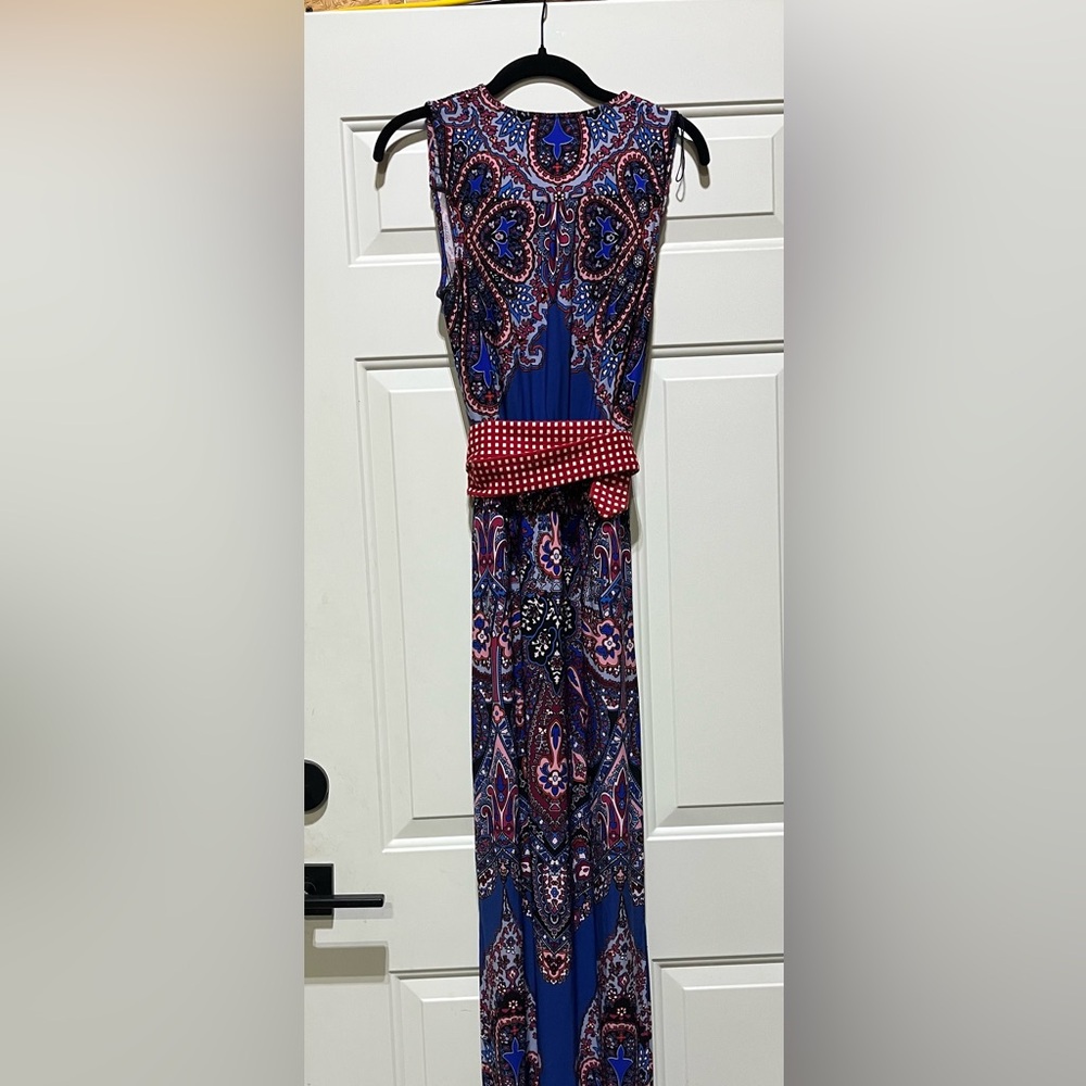 Adrianna Papell Navy and Burgundy Paisley Maxi Dress